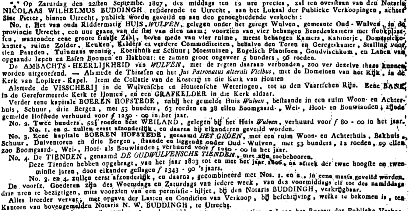 Kasteel Wulven – Houten Aankondiging veiling Kasteel Wulven in de krant van  10 september 1827.