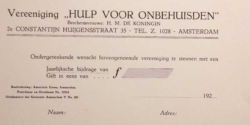 Hulp voor Onbehuisden – Houten Donatieformulier voor Hulp voor Onbehuisden